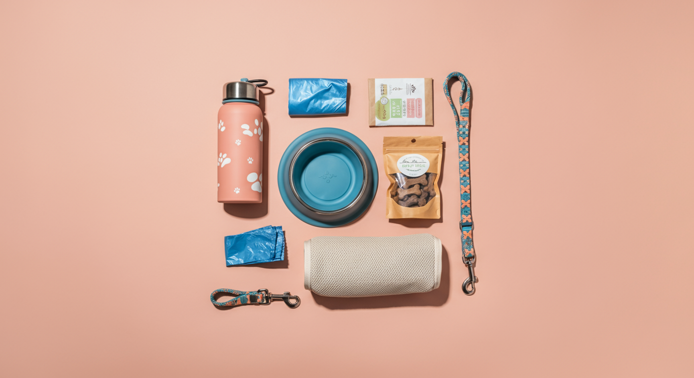 パステルカラーの背景に、犬用の水筒とボウル、おやつの入ったポーチ、うんち袋、リードといったドッグランの必須アイテムが綺麗に並べられている。