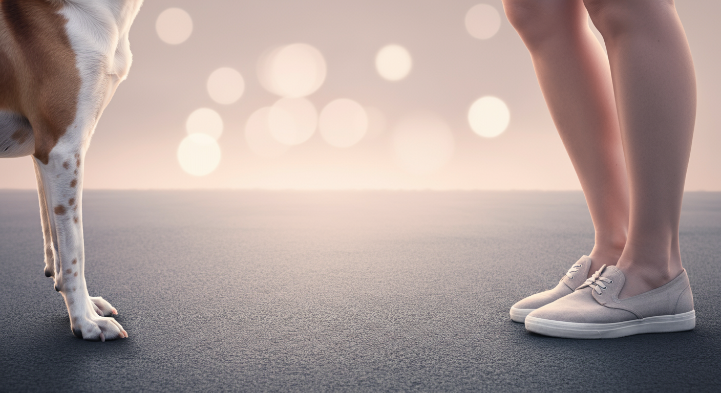 広い空間の入り口で、並んで立つ犬の足と飼い主の足