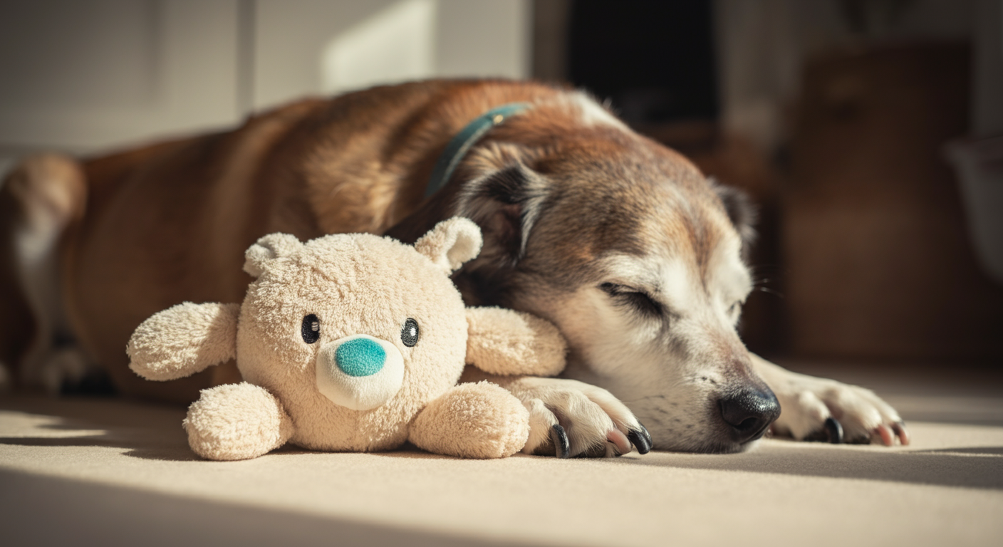 日当たりの良い部屋で、眠っているシニア犬の足元にぬいぐるみが置かれている