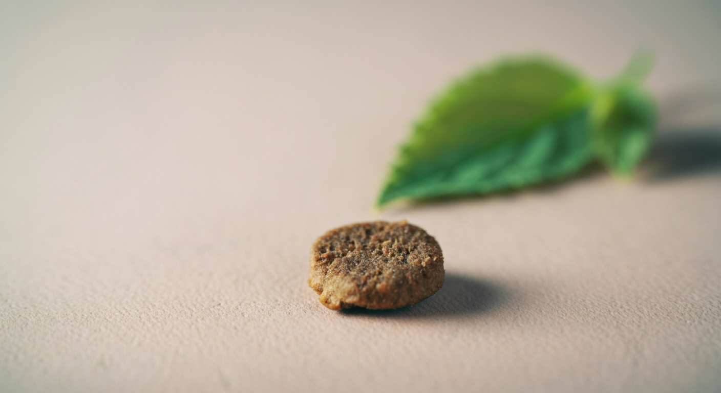 シニア犬向けのドッグフード一粒と、関節ケア成分をイメージさせる緑の葉のマクロ撮影。シニア犬向けフードの選び方をイメージした写真。