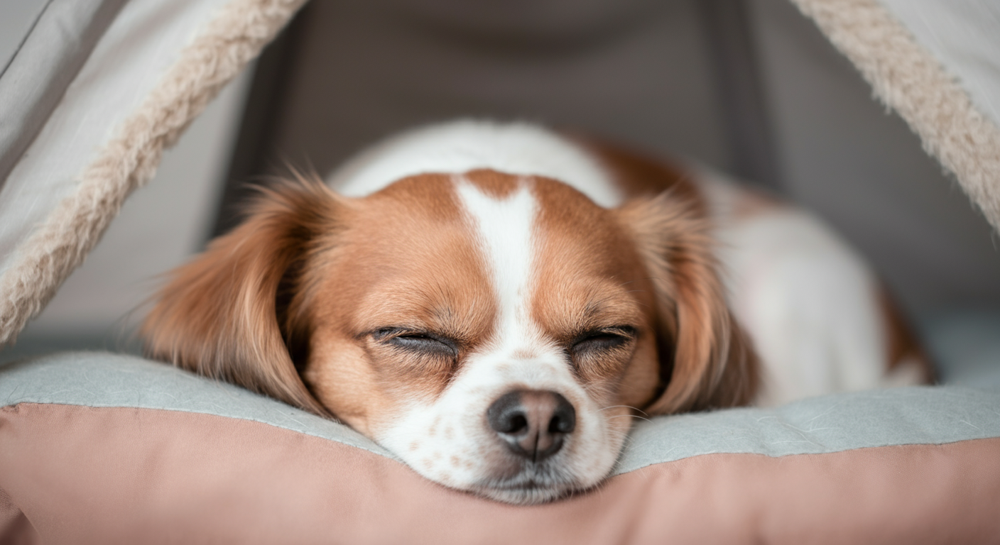 日除けテントの中で、安らかに眠っている犬の顔のクローズアップ。穏やかで安心した様子。