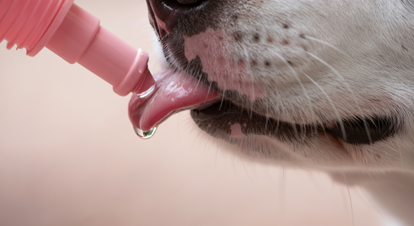 給水ボトルの飲み口から犬の舌に水滴が落ちる瞬間のマクロ写真