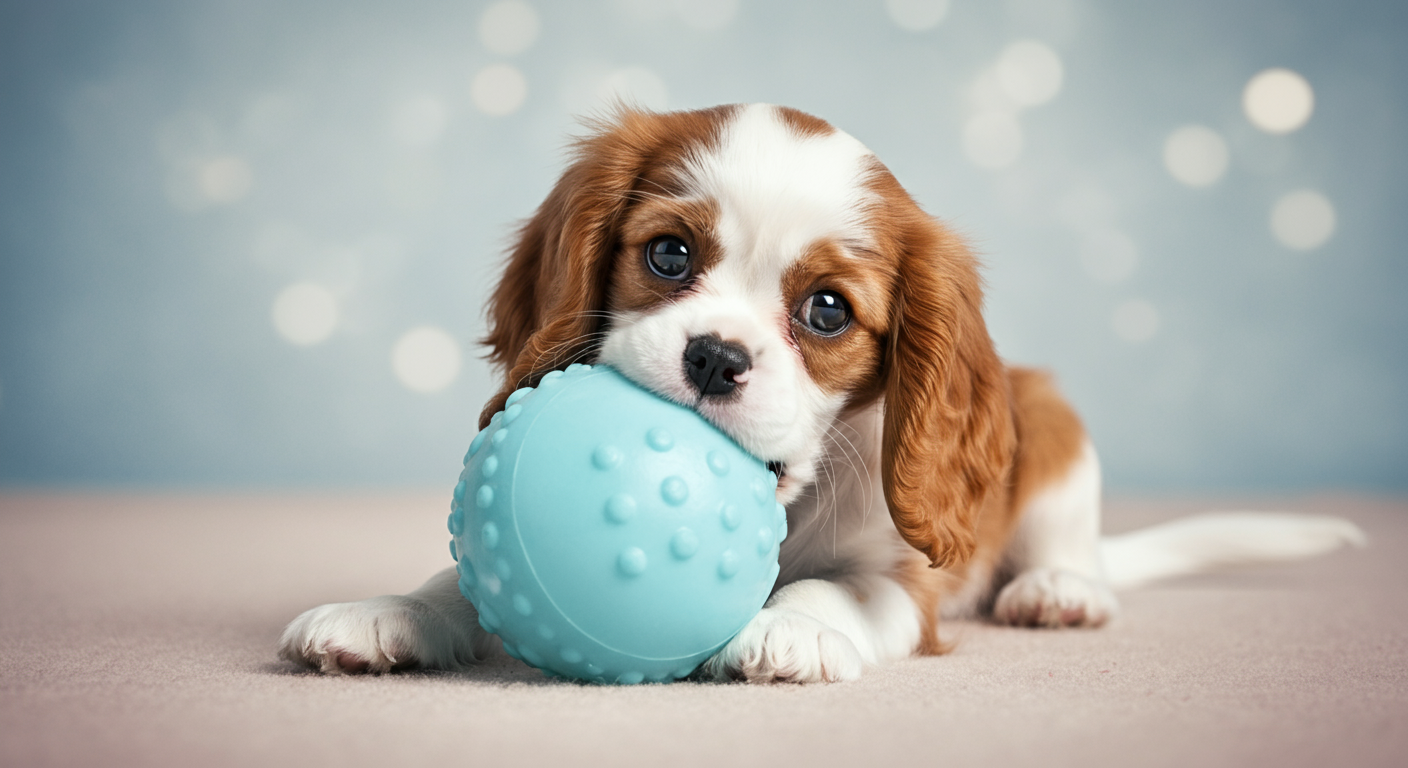 キャバリアの子犬が、口よりも大きくて飲み込めないサイズのボールで遊んでいる。