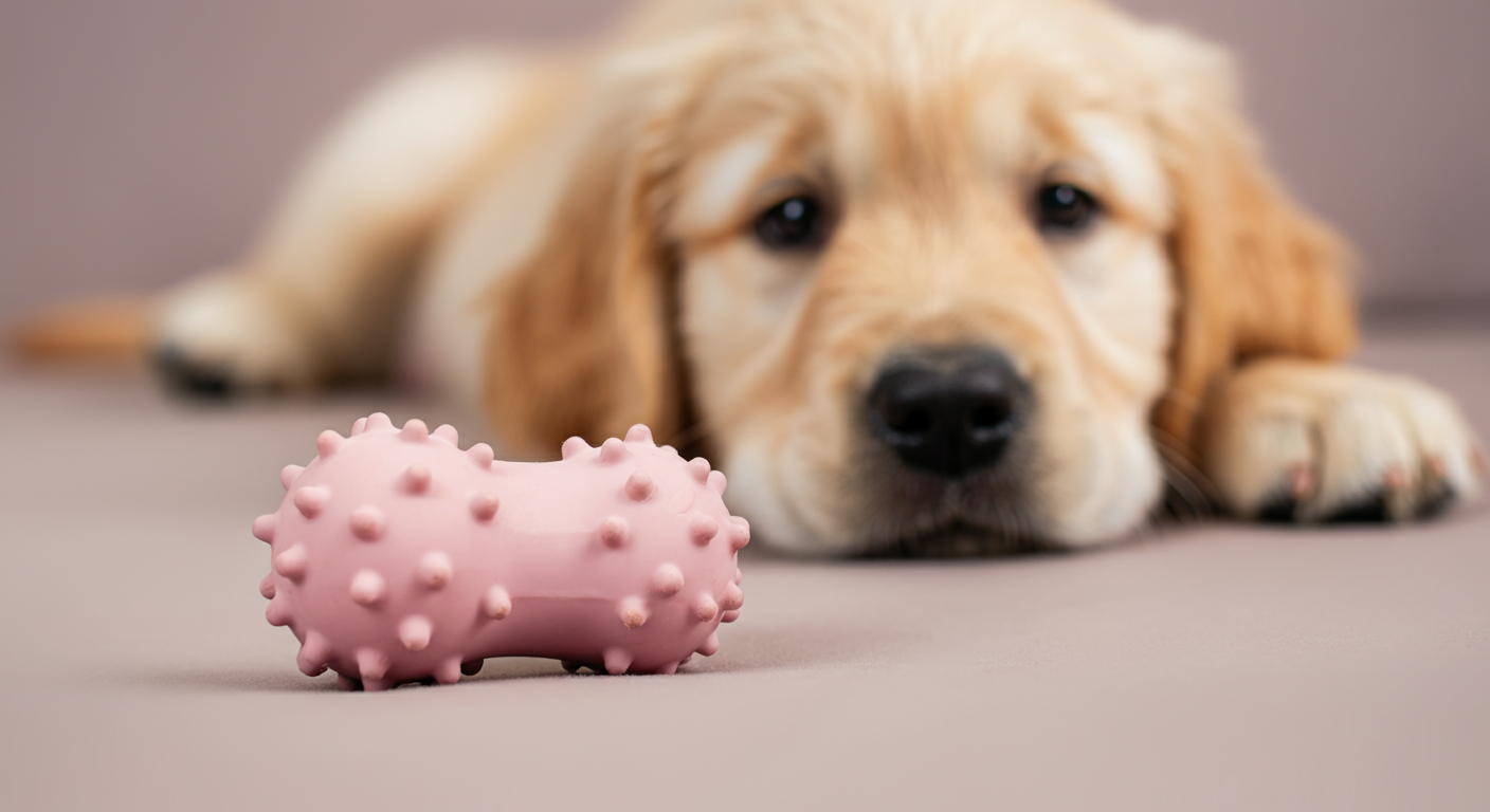 パステルピンクの犬用ゴム製おもちゃの滑らかな質感を写したマクロ写真。背景には子犬の鼻がぼやけて写っている。