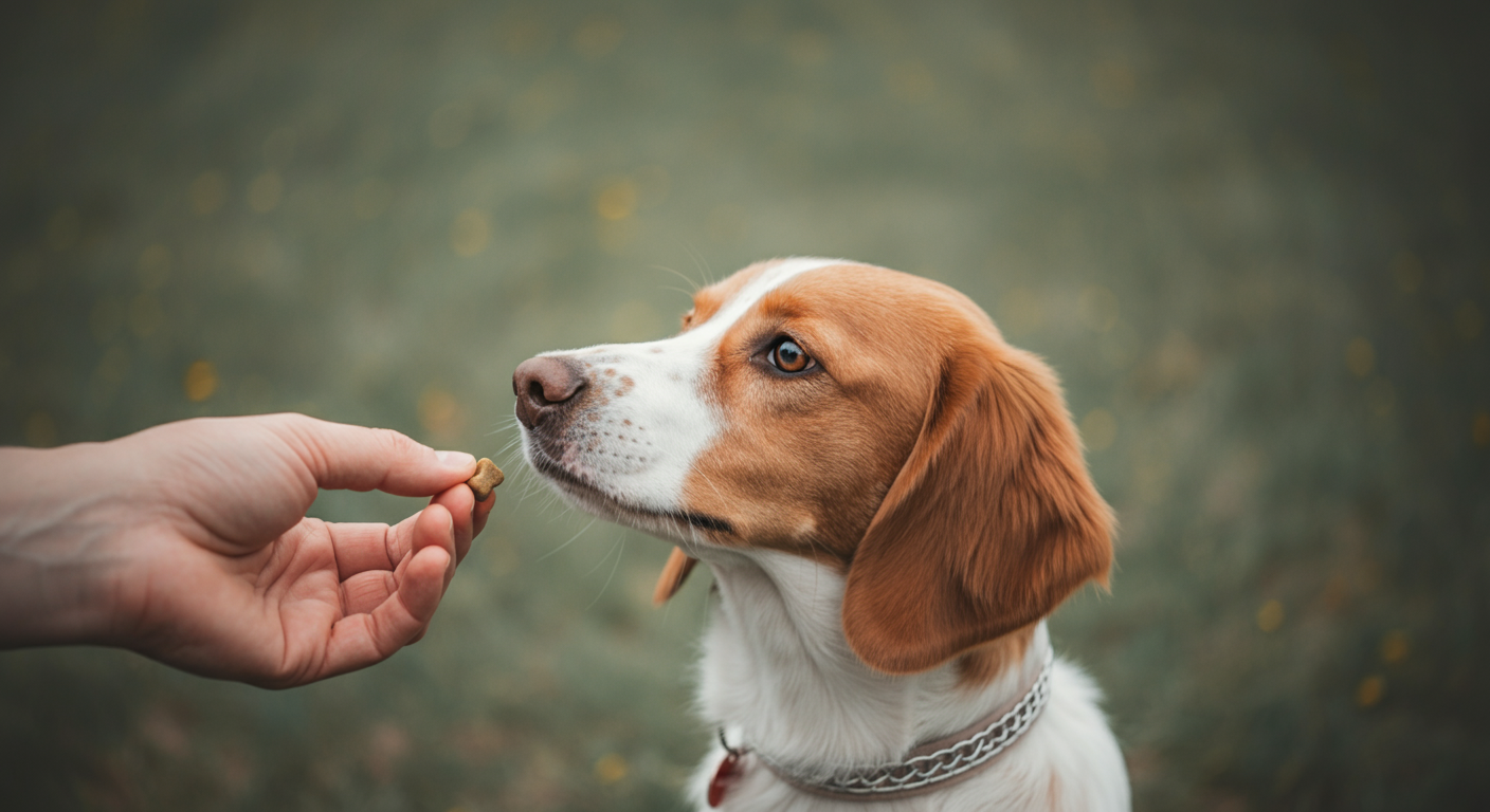 飼い主の手から犬が小さなおやつを受け取ろうとしている瞬間のクローズアップ写真。背景は明るくぼけている。