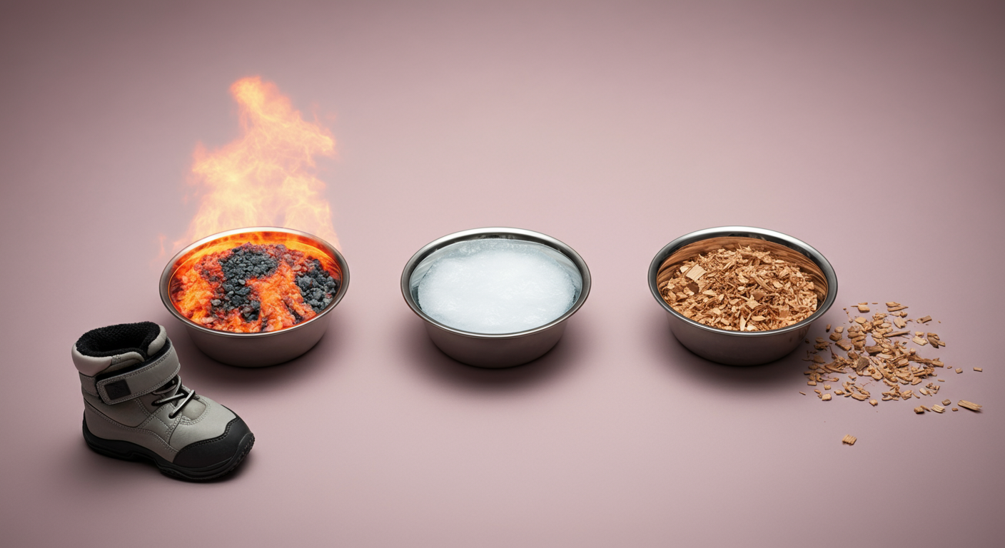 危険な地面を象徴する3つのボウルの前に、守るように置かれた犬用靴。