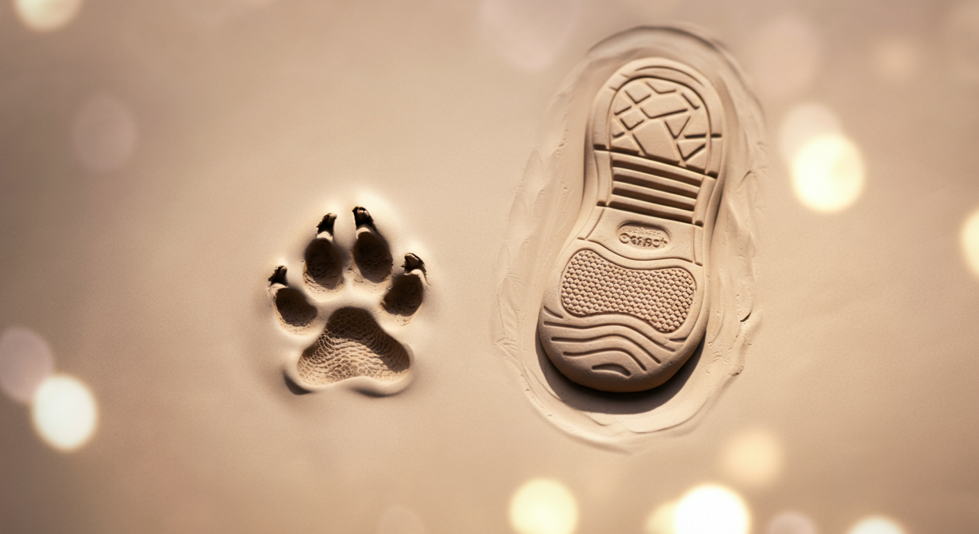 柔らかい粘土についた犬の足跡と、犬用靴のソールの跡が並んでいる。靴の跡が正しい形をしており、歩行矯正を象徴している。
