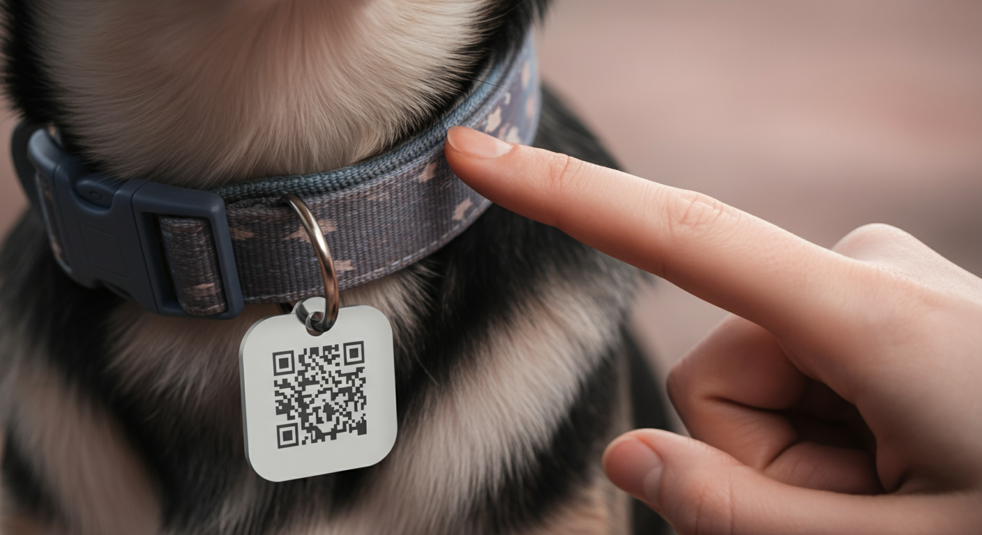 犬の首輪についたQRコード付き迷子札を、人の指が指しているクローズアップ写真。