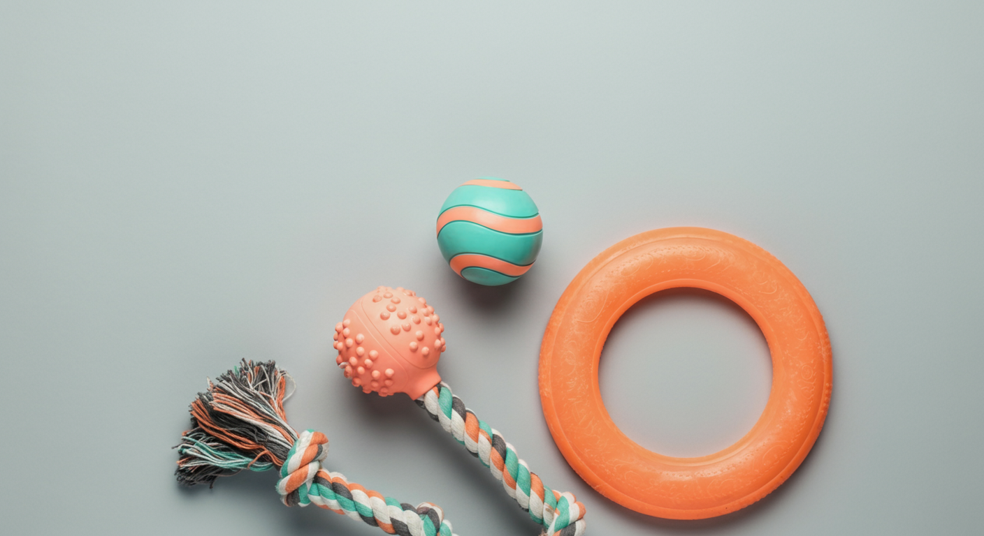 パステルカラーのミニマルな背景に、ボール、ロープ、フリスビーという3種類の犬用おもちゃが綺麗に並べられている。安全性を象徴する構図。