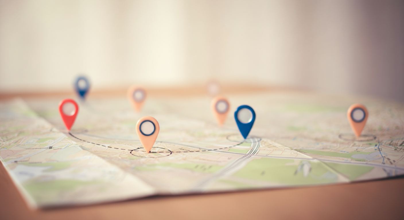 テーブルに広げられた地図の抽象的な写真。中心点から捜索範囲を示すマーカーが置かれており、計画的な捜索を表している。