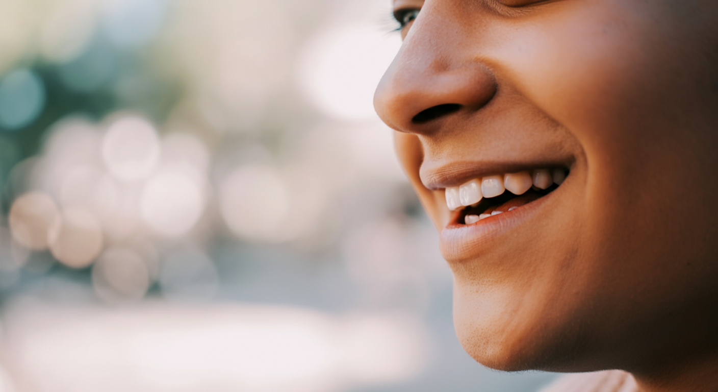ドッグランで他の飼い主と話している人の、にこやかな口元のクローズアップ