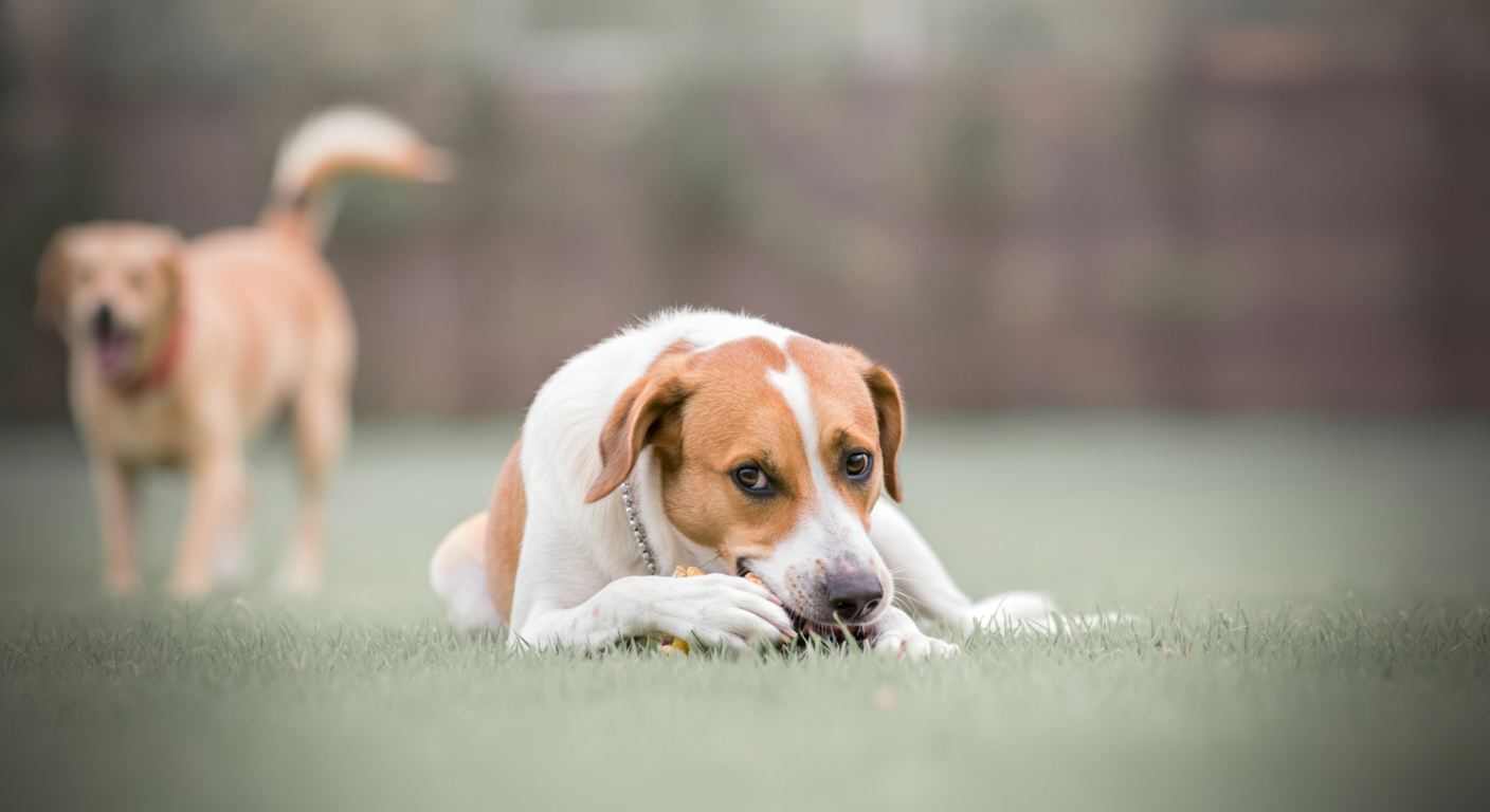 他の犬がいる環境で、それに動じず、一人で落ち着いておもちゃで遊んでいる犬。
