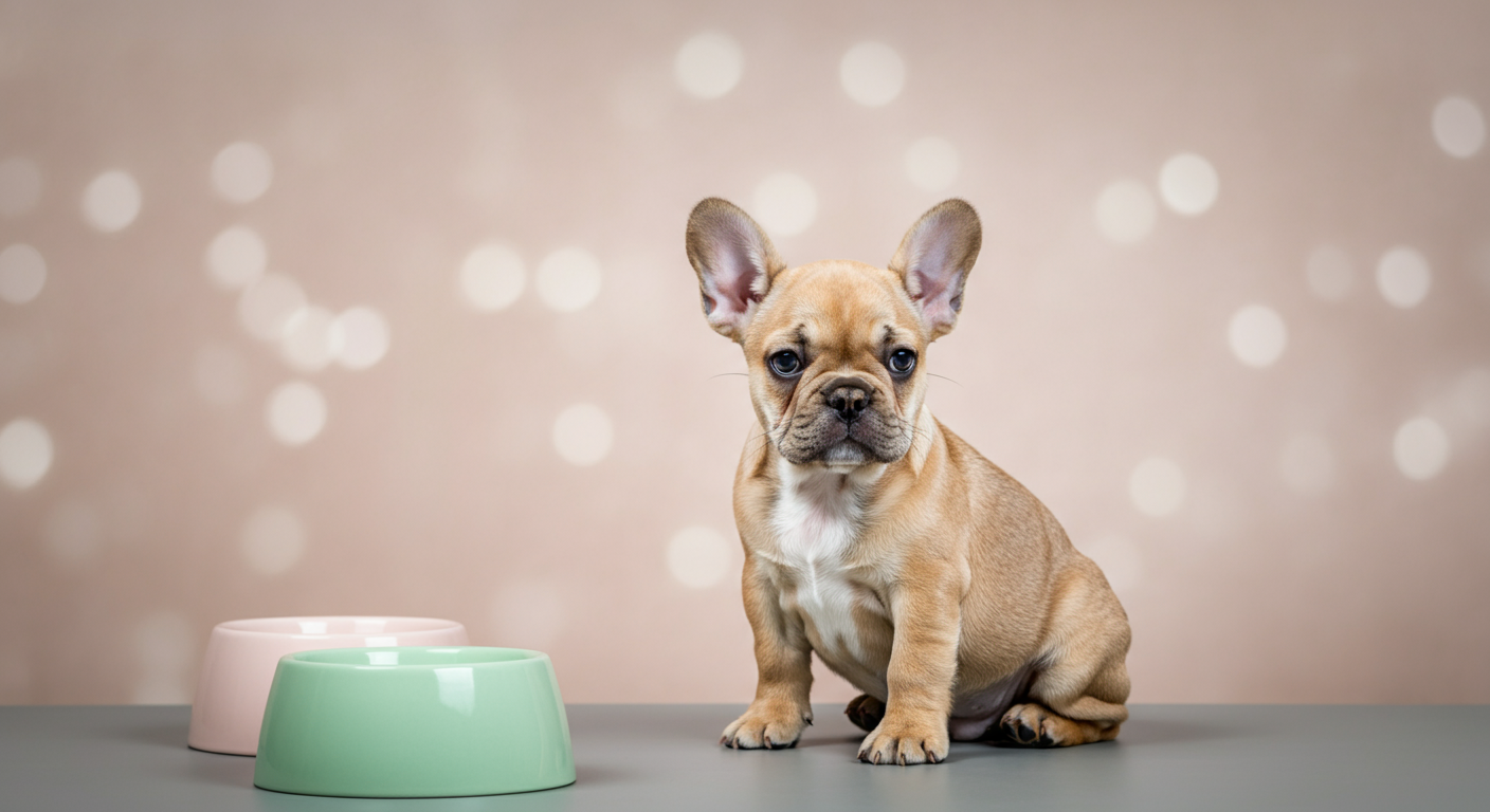 パステルグリーンの自分のボウルの前で、行儀よくお座りして待っているフレンチブルドッグの子犬。