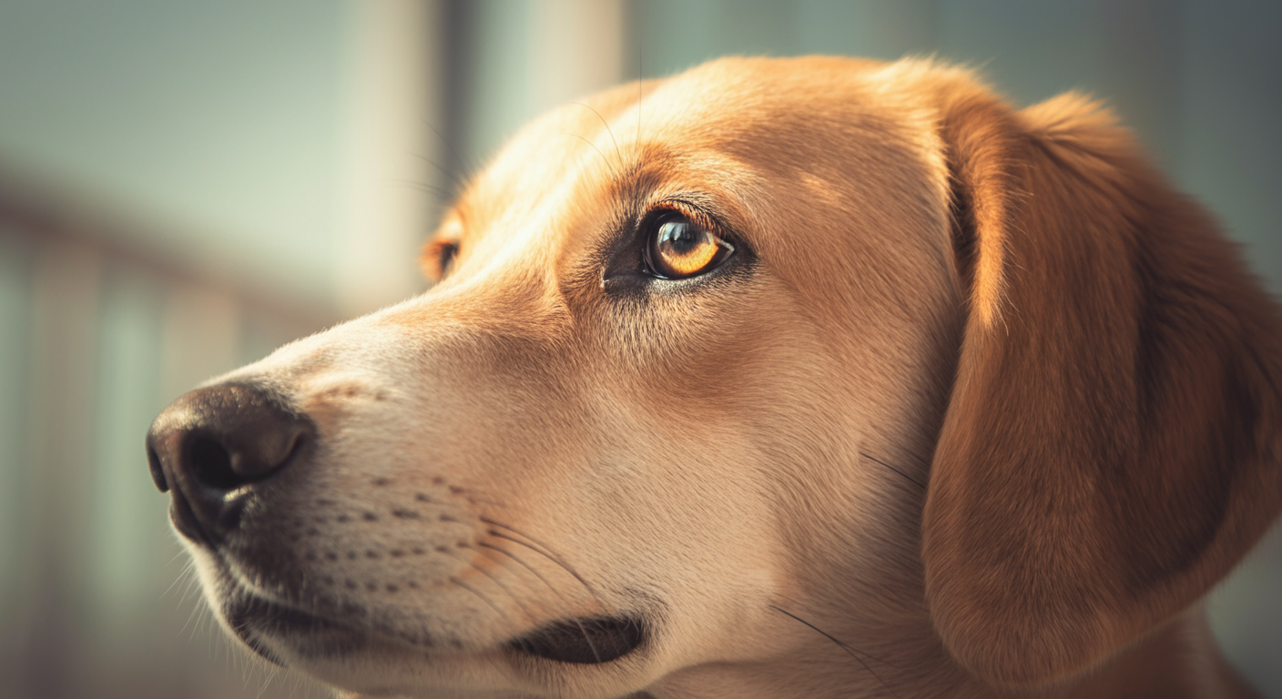暖かい日差しを浴びて、穏やかに目を細めている犬の表情のクローズアップ写真。