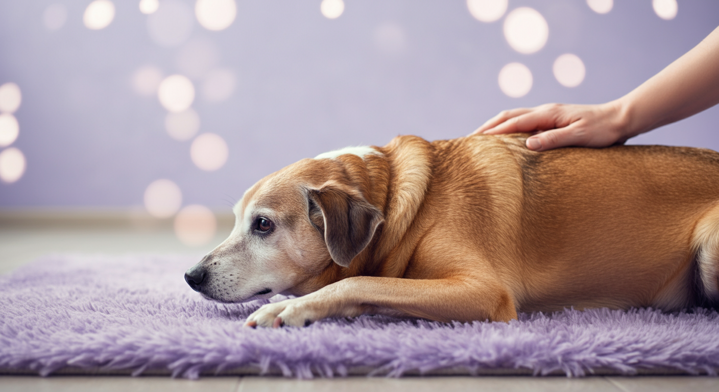 心地よいラグの上でくつろぐシニア犬の背中を、飼い主の手が優しく撫でている。