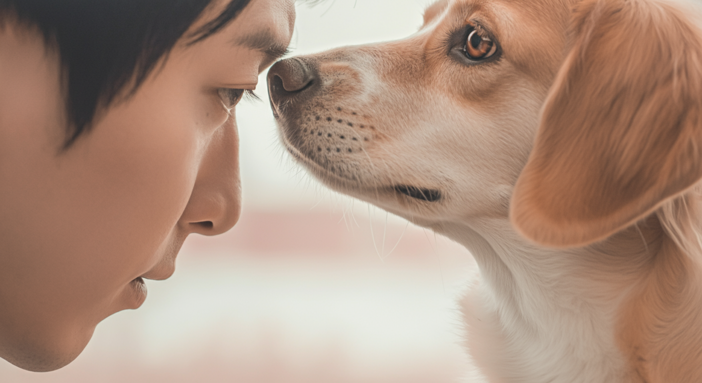 飼い主と犬が静かにお互いを見つめ合っているクローズアップ。信頼関係と絆を象徴している。