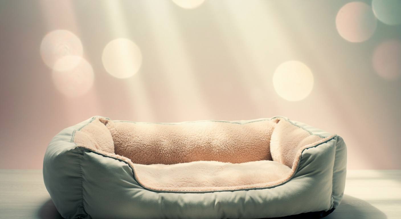 日当たりの良い場所に置かれた、心地よさそうな犬用ベッドが暖かく平和な雰囲気を醸し出している写真。