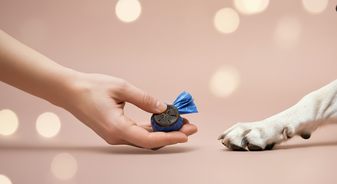 環境に優しい犬のうんち袋に、人と犬の前足がそっと並んで触れている。