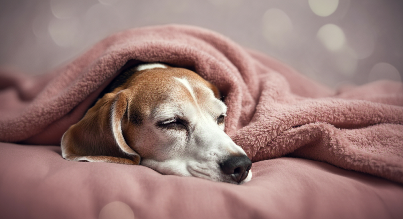 厚みのあるダスティーローズ色のレジャーシートの上で、老犬のビーグルが安らかに眠っている。シートが犬の頭の下で柔らかく沈み込んでいる様子がわかる。