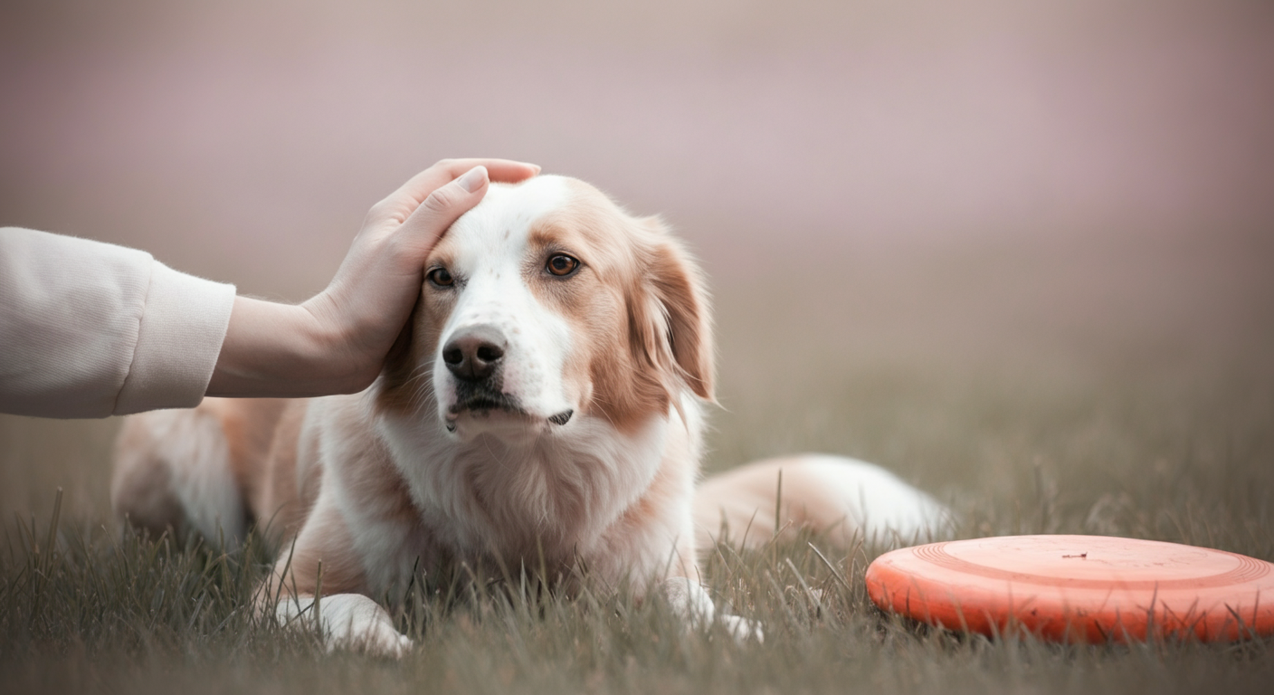 遊び終わり、芝生の上で飼い主に頭を撫でられている穏やかな犬