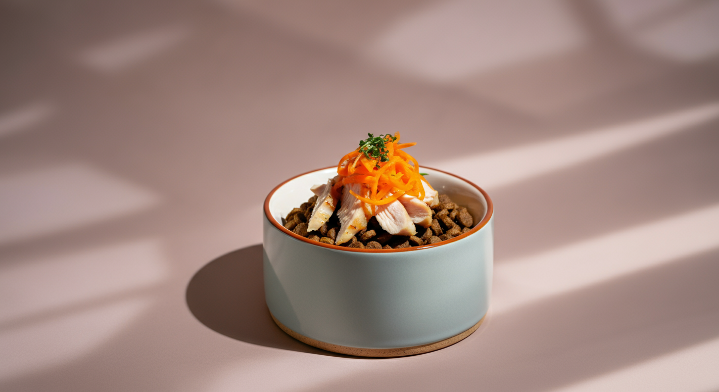 鶏肉や野菜がトッピングされた、栄養満点で美味しそうなドッグフード。