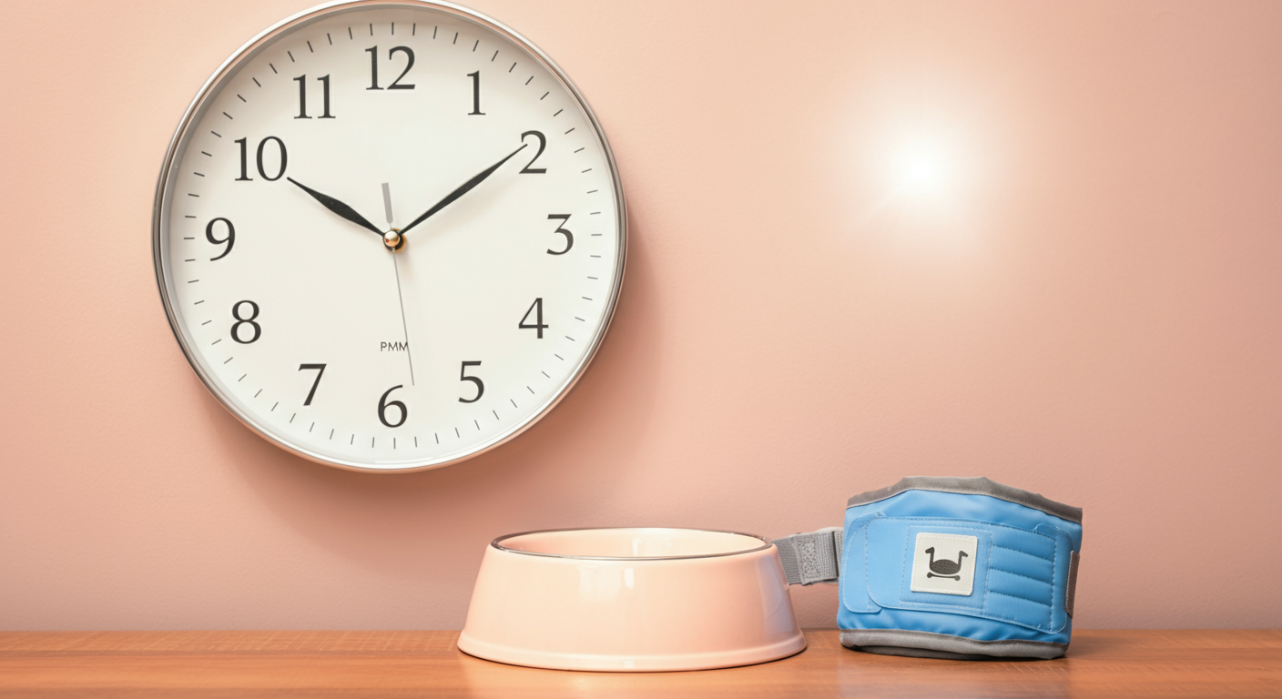 夏の昼下がりを示す時計と、犬用の水飲みボウル、そしてクールネックが並べられた、注意喚起を促す概念的な写真。