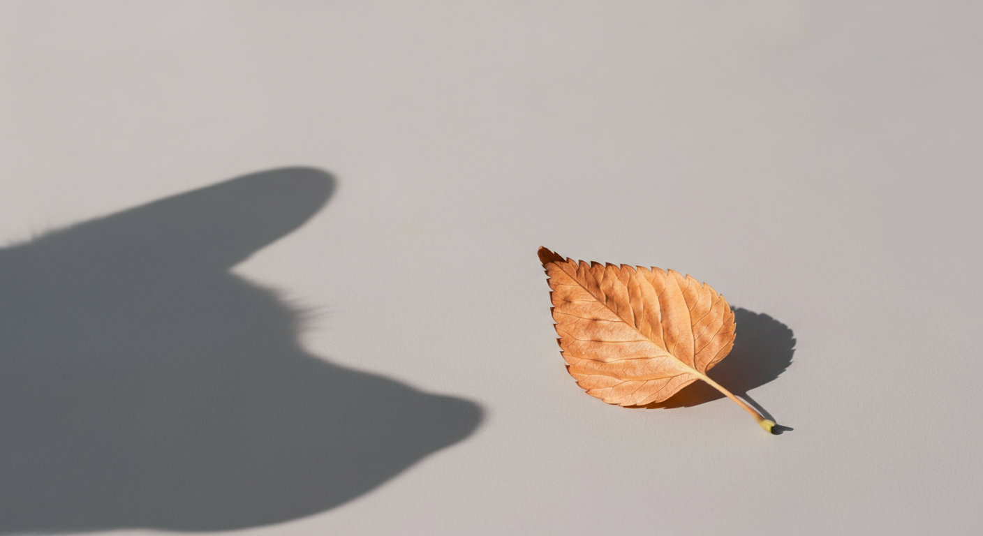 一枚の繊細な落ち葉と犬の耳の影。パステルカラーで季節の移ろいを表現したミニマルな写真。