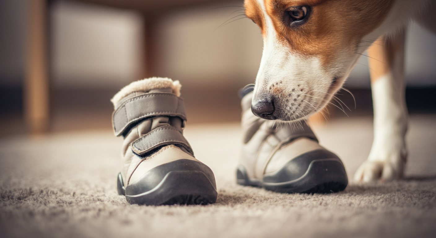 床に置かれた新しい犬用靴の匂いを、犬が慎重に嗅いでいる様子のクローズアップ。