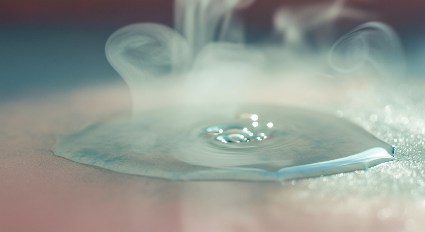 表面から液体が蒸発していく様子を捉えた抽象的な写真。光が蒸気に反射しており、乾燥や刺激をイメージさせる。