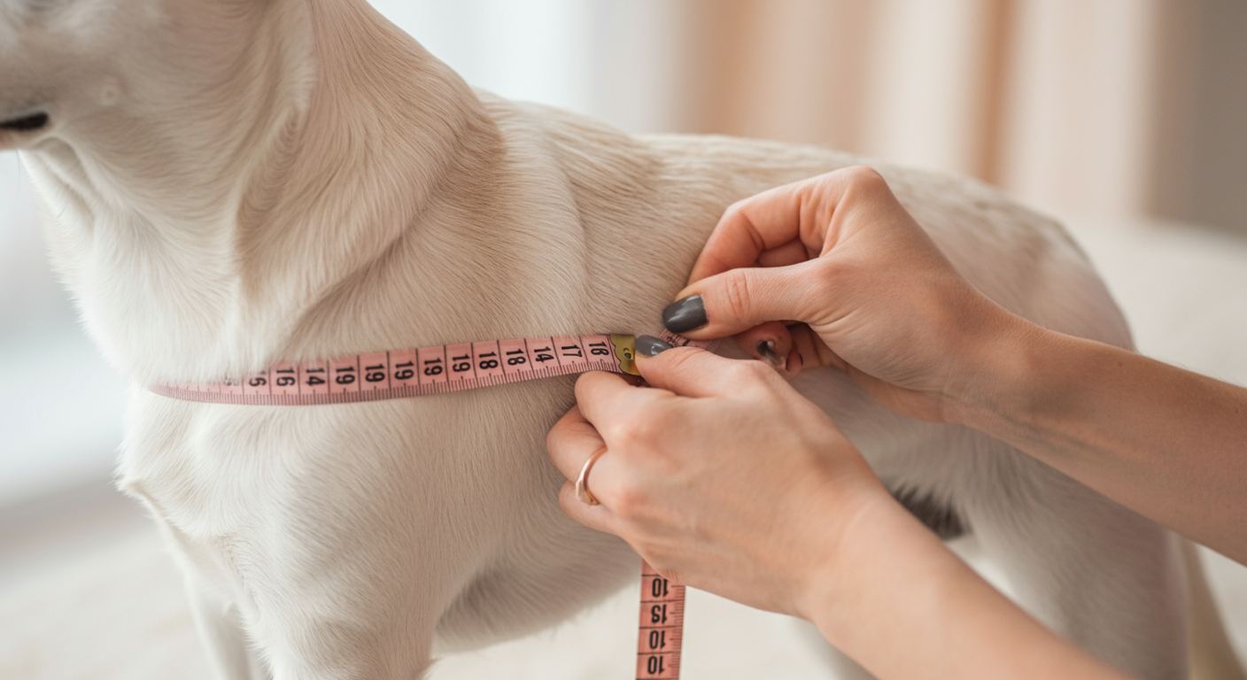 優しい自然光の中、人が柔らかいメジャーを使って犬の胴回りを測っている様子のクローズアップ写真。