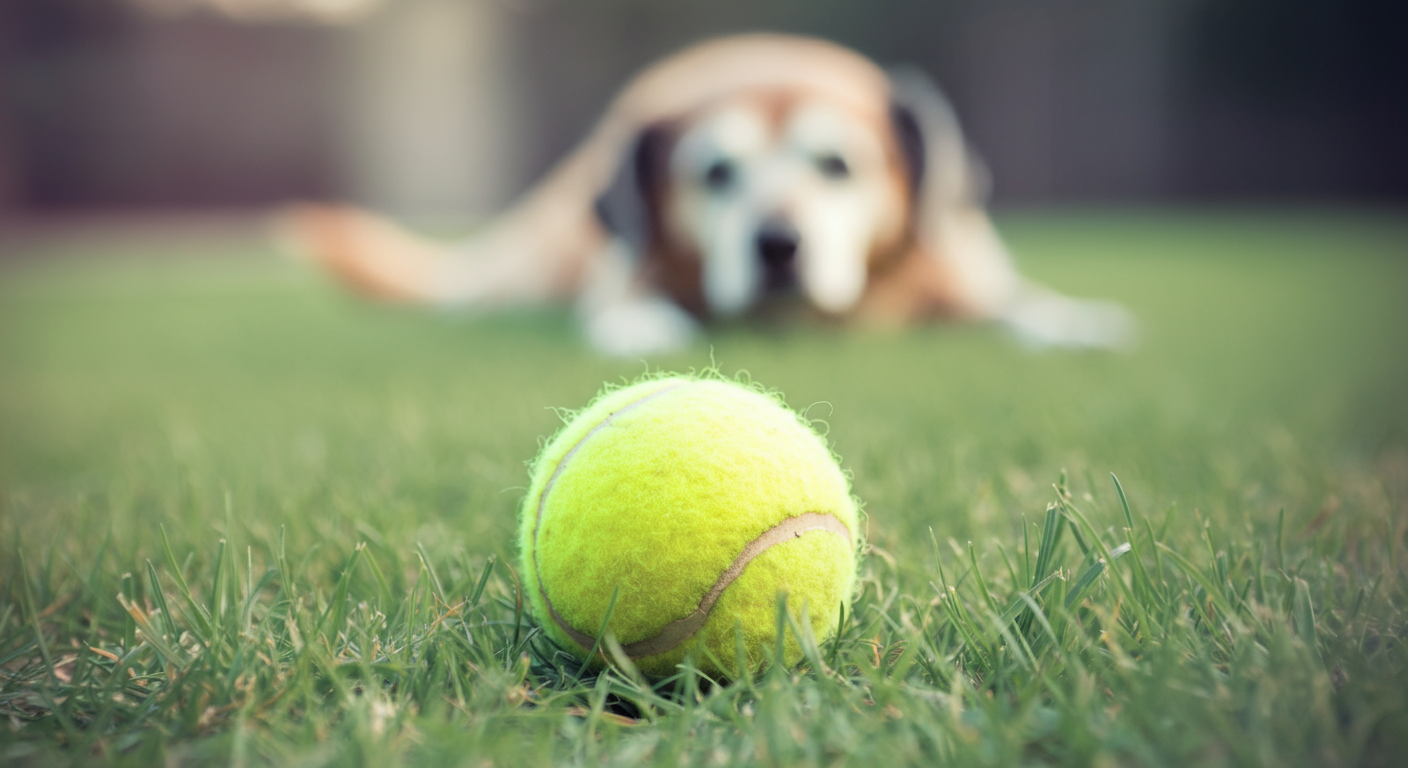 緑の芝生の上に置かれた一つのテニスボール。奥にはシニア犬がぼんやりと写っている。