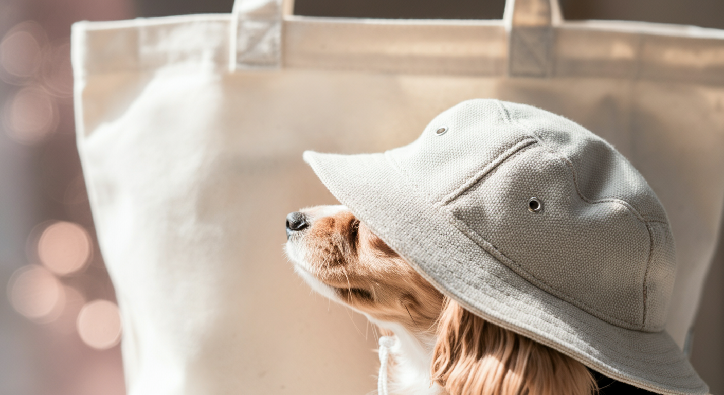 帆布(キャンバス)生地の犬用UVハットと、同じく帆布生地の飼い主のトートバッグの質感がわかるクローズアップ。