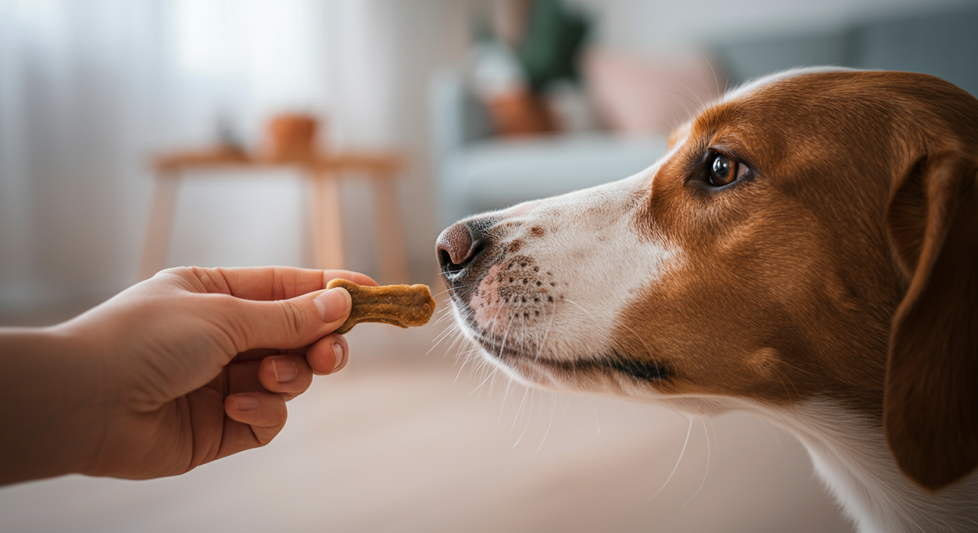 飼い主の手の中にある特別なおやつを、犬が匂いを嗅いでいる様子のクローズアップ。
