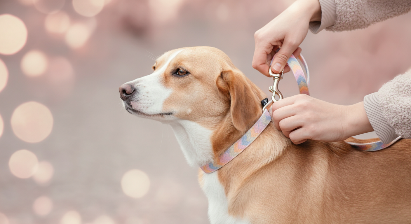 飼い主が落ち着いた表情の犬の首輪に、優しくリードを取り付けている手元のクローズアップ。