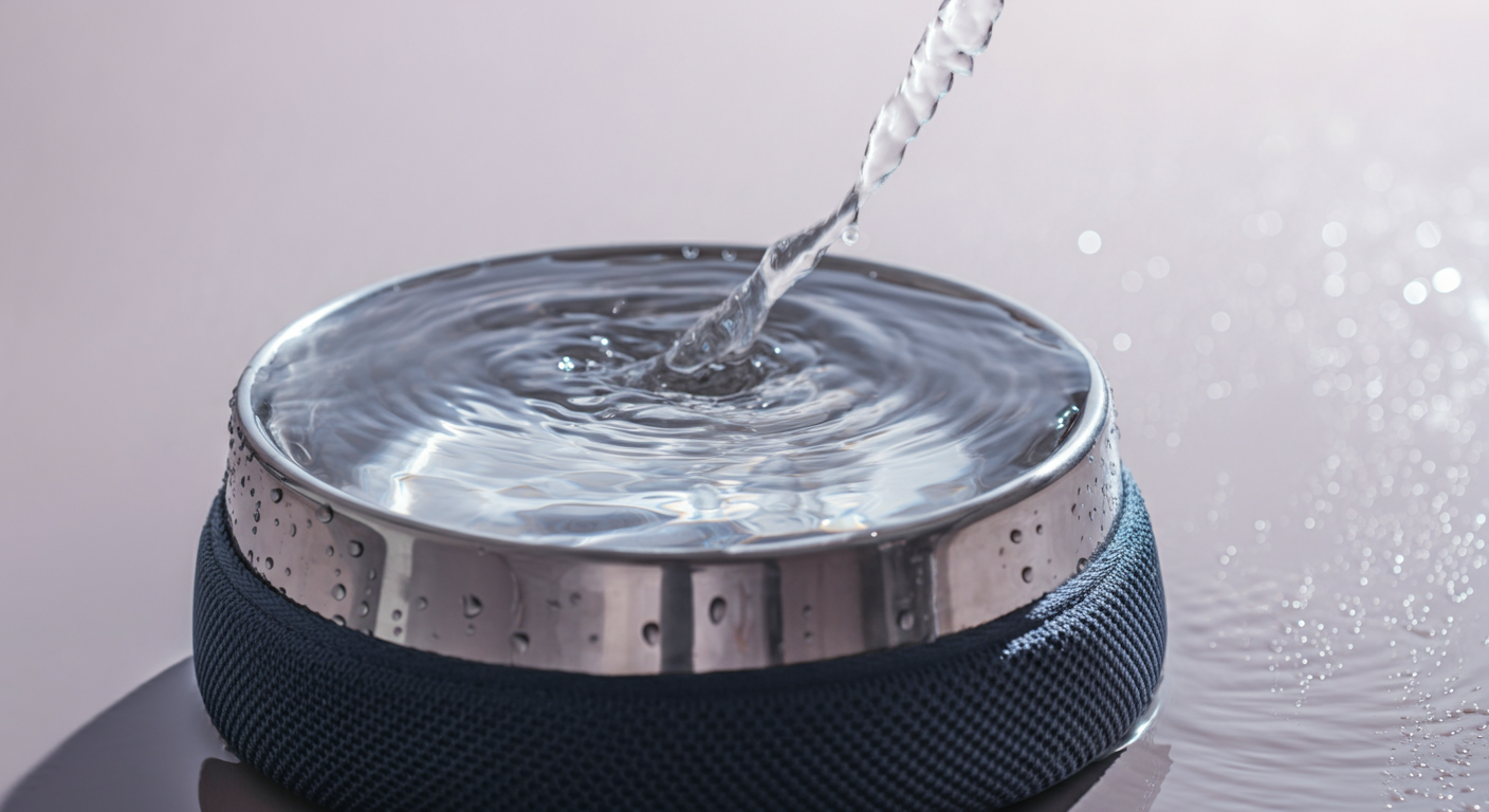 携帯用ドッグボウルの中で水が渦を巻いている様子を捉えた、清潔感を表現するマクロ写真。