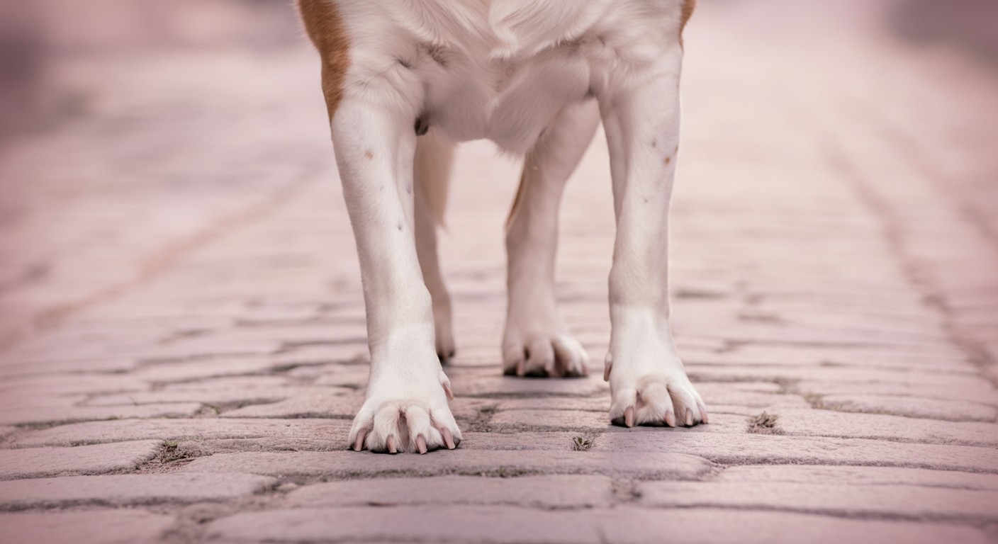 大型犬の足が、質感のある石畳の上を歩いているローアングルからのクローズアップ写真。