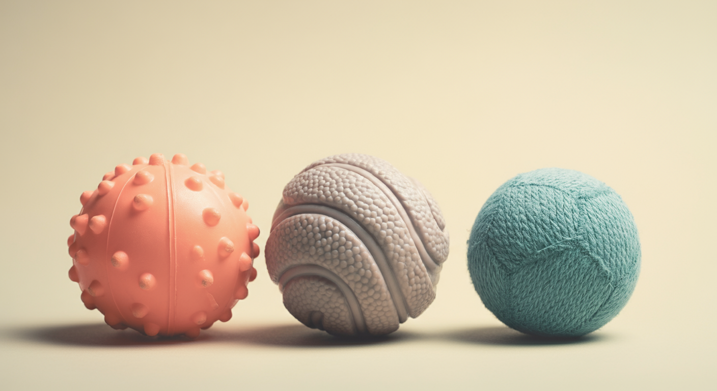 質感の異なる3つのボールがパステルカラーの背景に並べられているミニマルな写真。