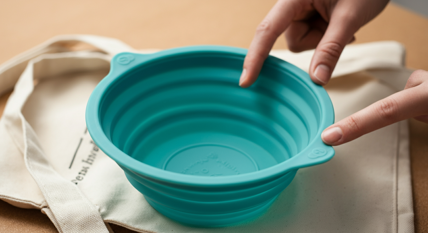 人がティール色の折りたたみ式シリコンボウルを平らに畳んでいる様子のクローズアップ