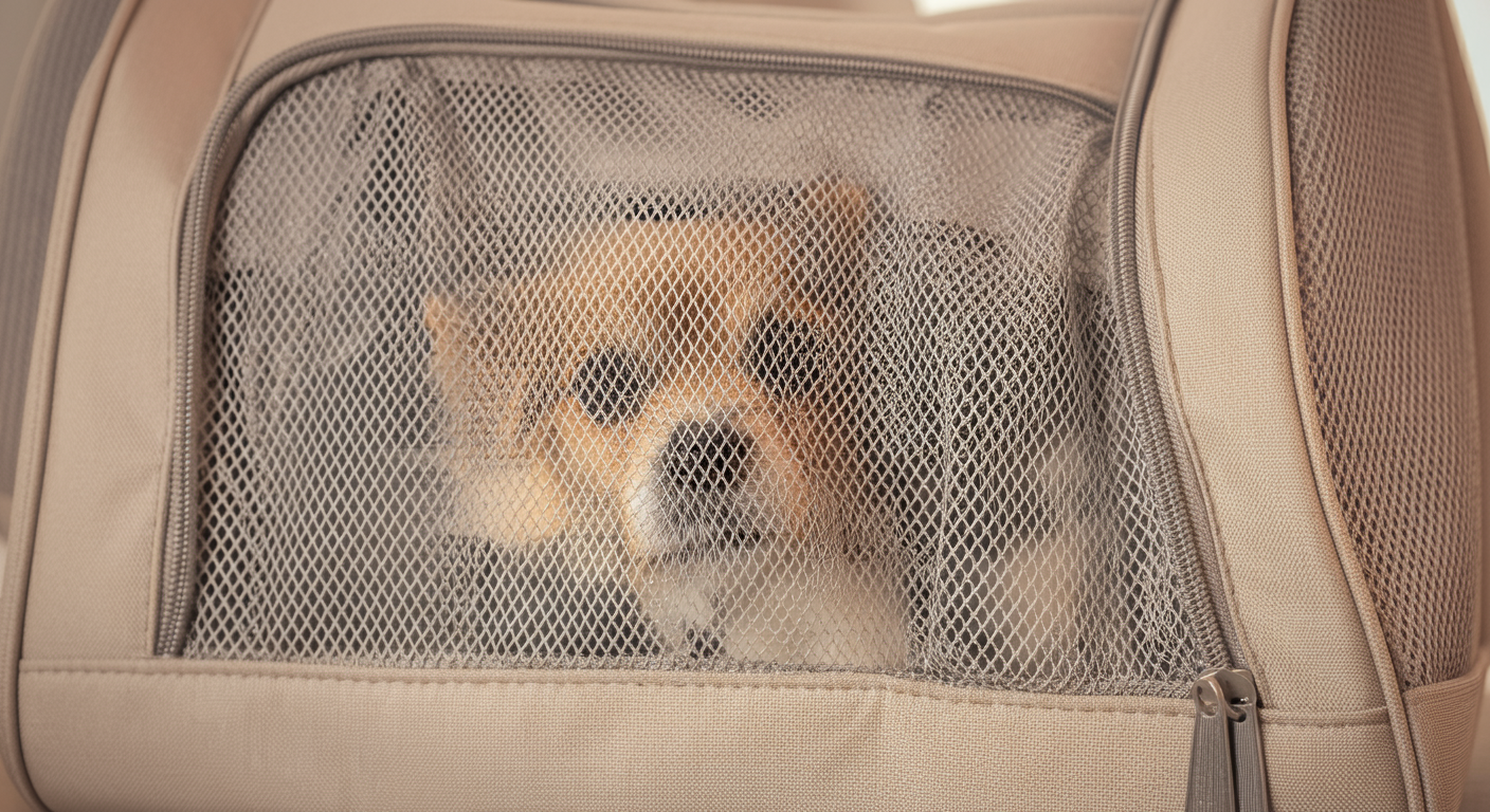 犬用キャリーバッグのメッシュ窓のクローズアップ。中にいる犬のシルエットがぼんやりと見える。