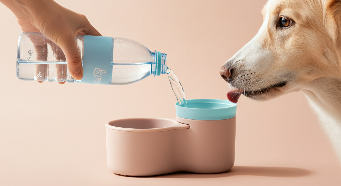 飼い主が給水ボトルからお皿に水を注ぎ、犬が飲もうとしている瞬間の写真。