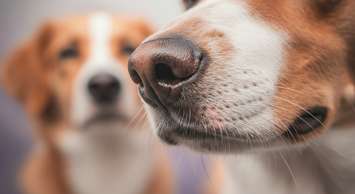 犬の鼻の超クローズアップ。背景は淡いパステルカラーにぼやけており、他の犬の存在を暗示している。