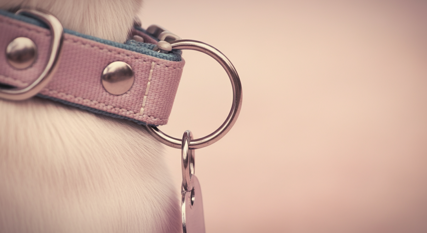 パステルカラーの犬の首輪に、二重リングで迷子札がしっかりと取り付けられている部分のクローズアップ写真。
