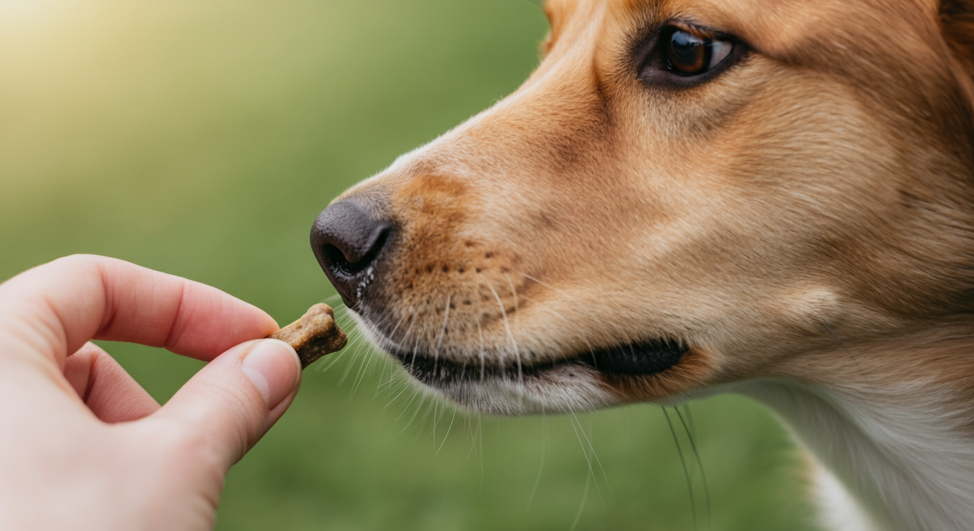 ドッグランの芝生を背景に、飼い主が犬の鼻先におやつを差し出している様子のマクロ写真。