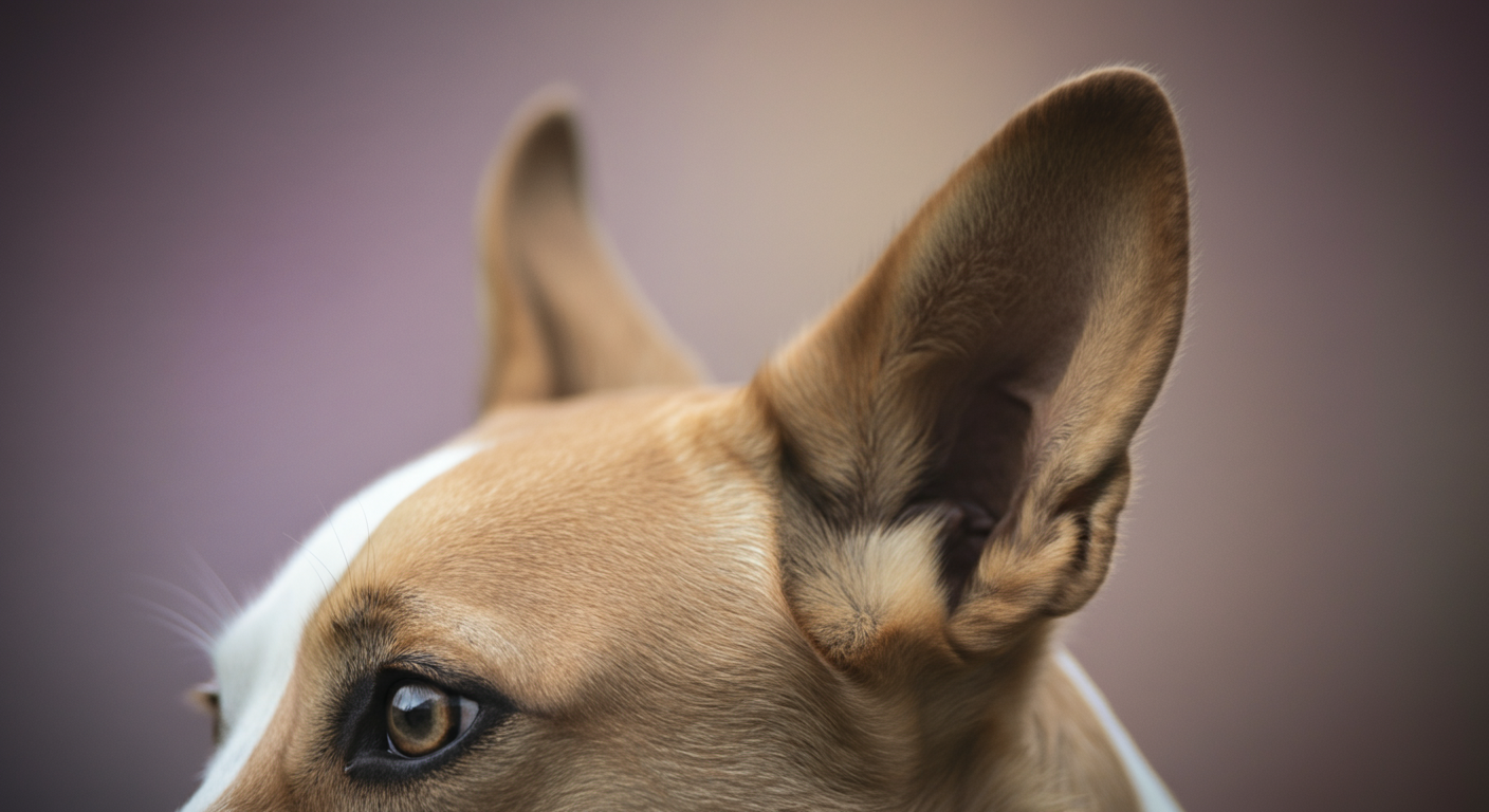 周囲の音に注意を向けている犬の耳のクローズアップ。背景は美しくぼけている。