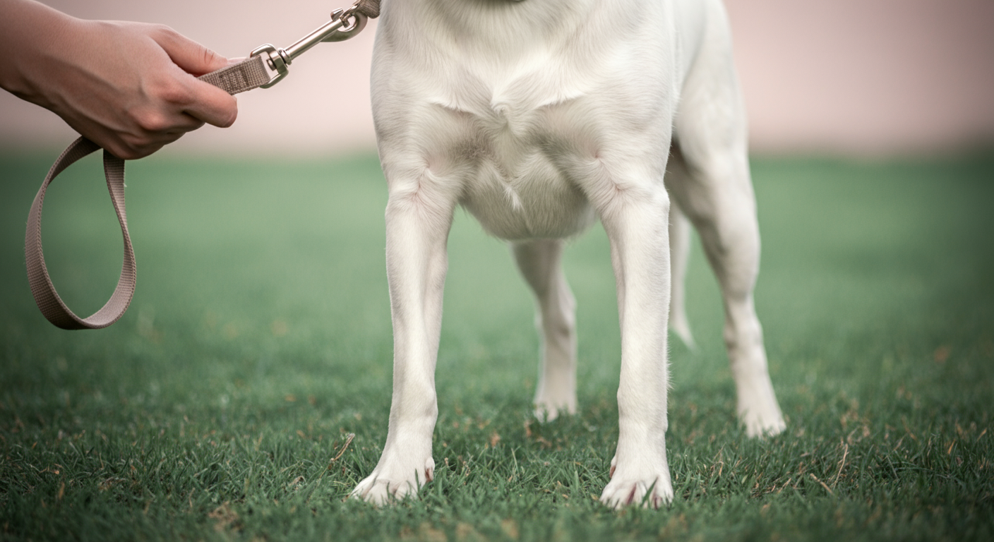 緑の芝生の上で落ち着いている犬の首輪から、飼い主が優しくリードのフックを外している手元のクローズアップ。