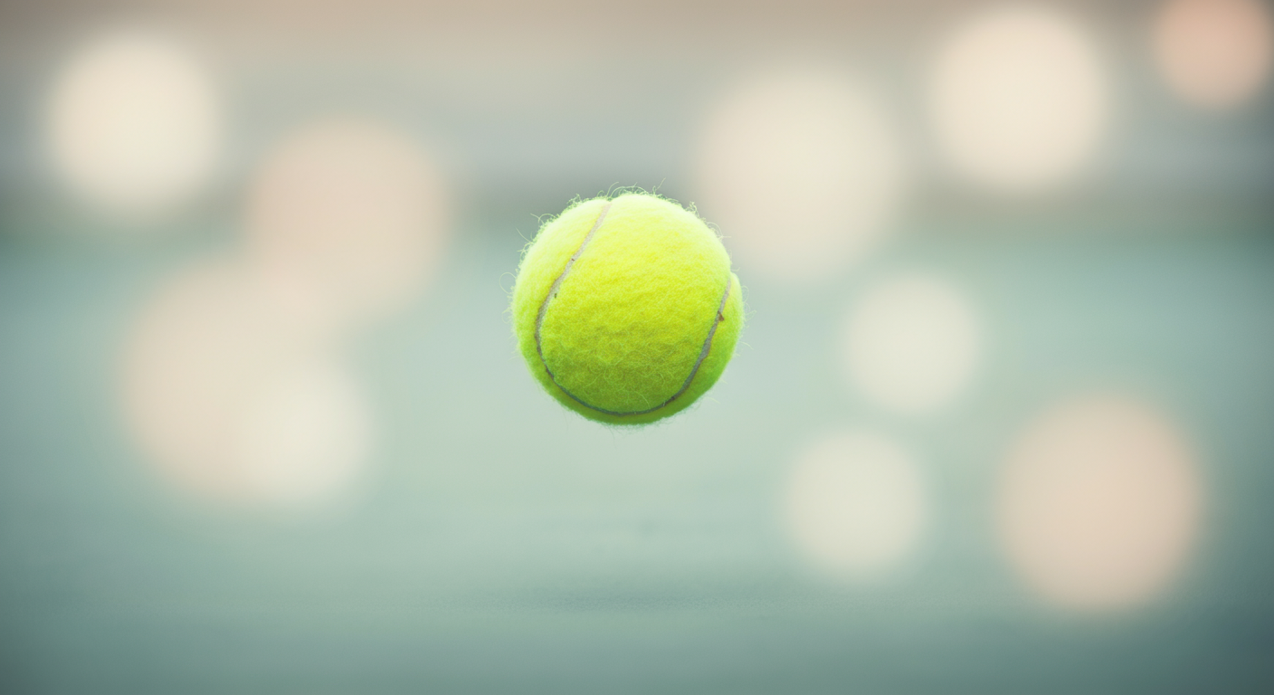 柔らかな背景の中、キャッチされる直前で空中に静止している一個のテニスボールの抽象的な写真。