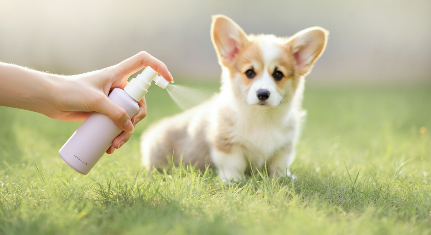 パステルカラーのミニマルな写真。女性が芝生に向かって消臭スプレーを持っている手元。背景にはぼやけた犬の姿が見える。