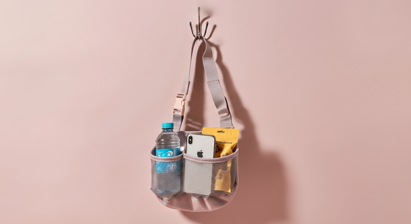 フックにかけられた犬用スリングが、水筒やスマートフォン、おやつの袋などを入れる一時的な小物入れとして賢く使われているクリエイティブな写真。