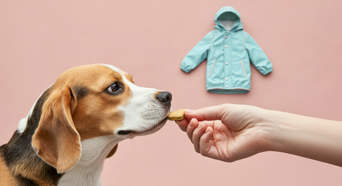 飼い主の手からハート型のおやつをもらう犬の鼻先のクローズアップ写真。