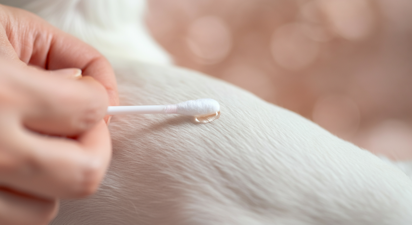 飼い主が綿棒を使い、犬の太ももの内側に液体を慎重に塗ってパッチテストを行っている様子のクローズアップ。